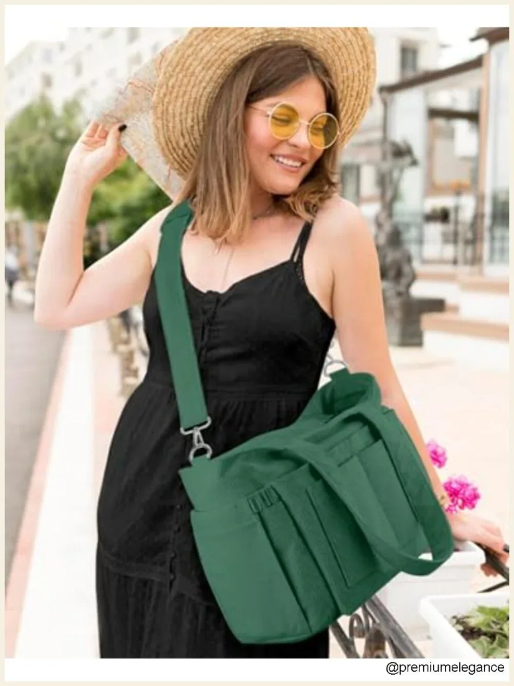 Corduroy Tote Bag with 9 Pockets and 40oz Cup Holder, Laptop Work Purse for
